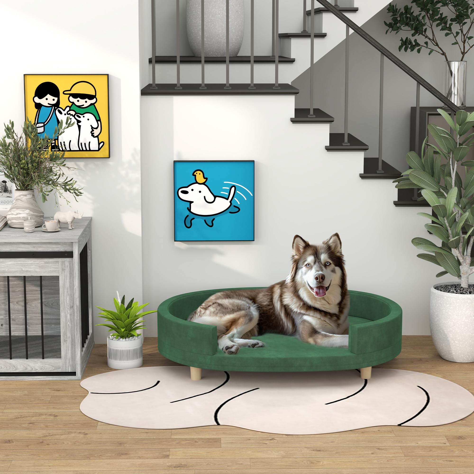 PawHut Canapé pour Chien, Sofa pour Chat, Fauteuil pour Chat, Surface en Velours Doux, avec Coussin Amovible, Pieds en Bois Massif, 100l x 70P x 25H cm, Vert