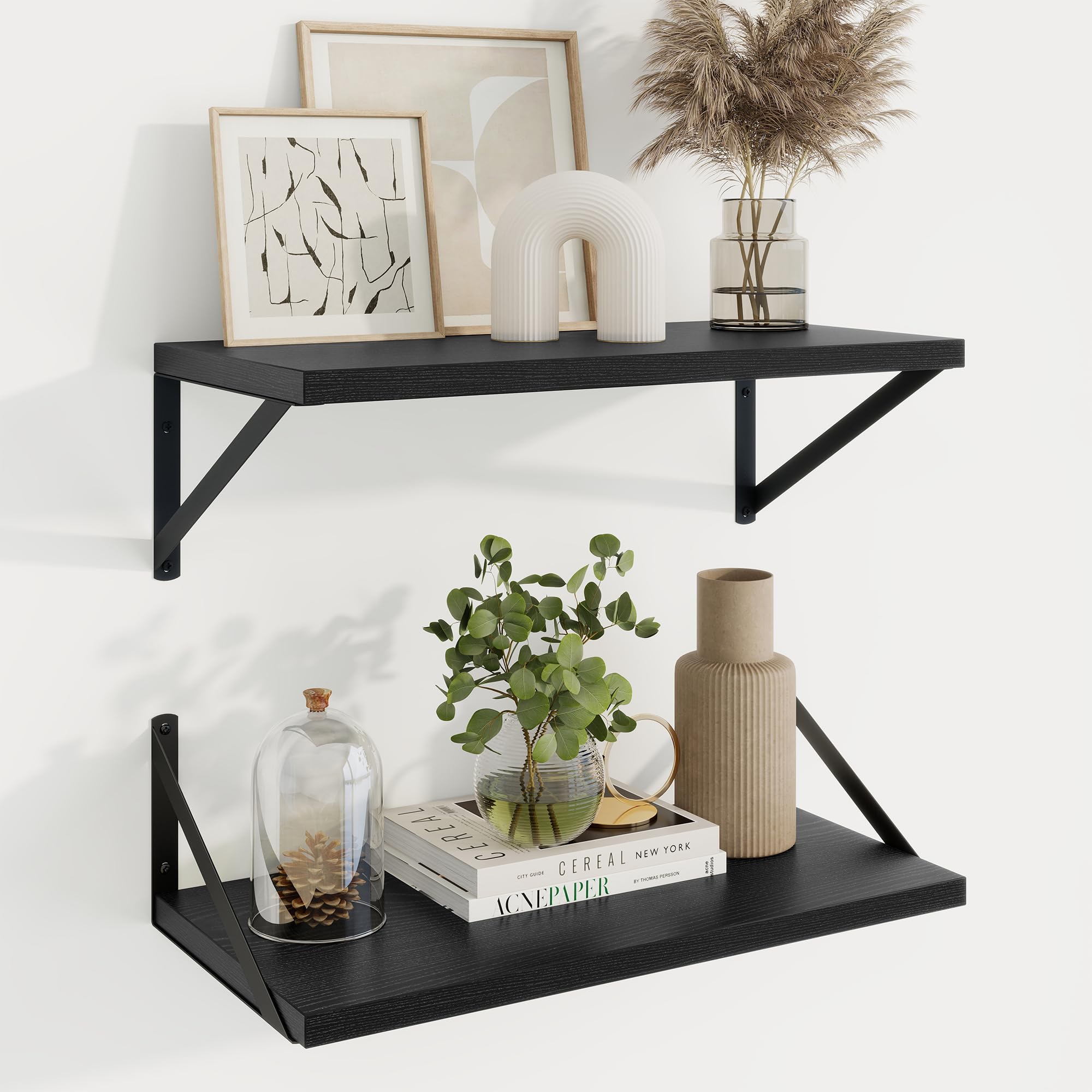 Axeman Deep Floating Shelves | 20 Inch Black Wall Shelves Set of 2 | 10 Inch Deep Rustic Wood Shelves for Wall | 20'' W x 10''D Black Shelves for Living Room Bathroom Kitchen — image 1
