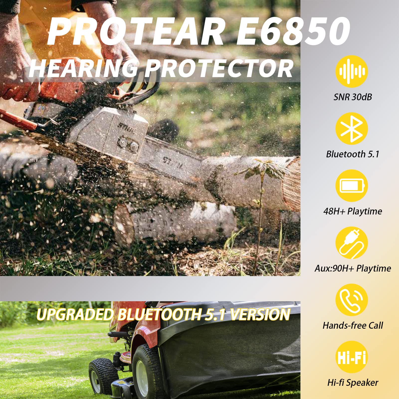 Protección auditiva Bluetooth E6850 mejorada con micrófono integrado, altavoces de alta fidelidad, 48 horas + tiempo de reproducción