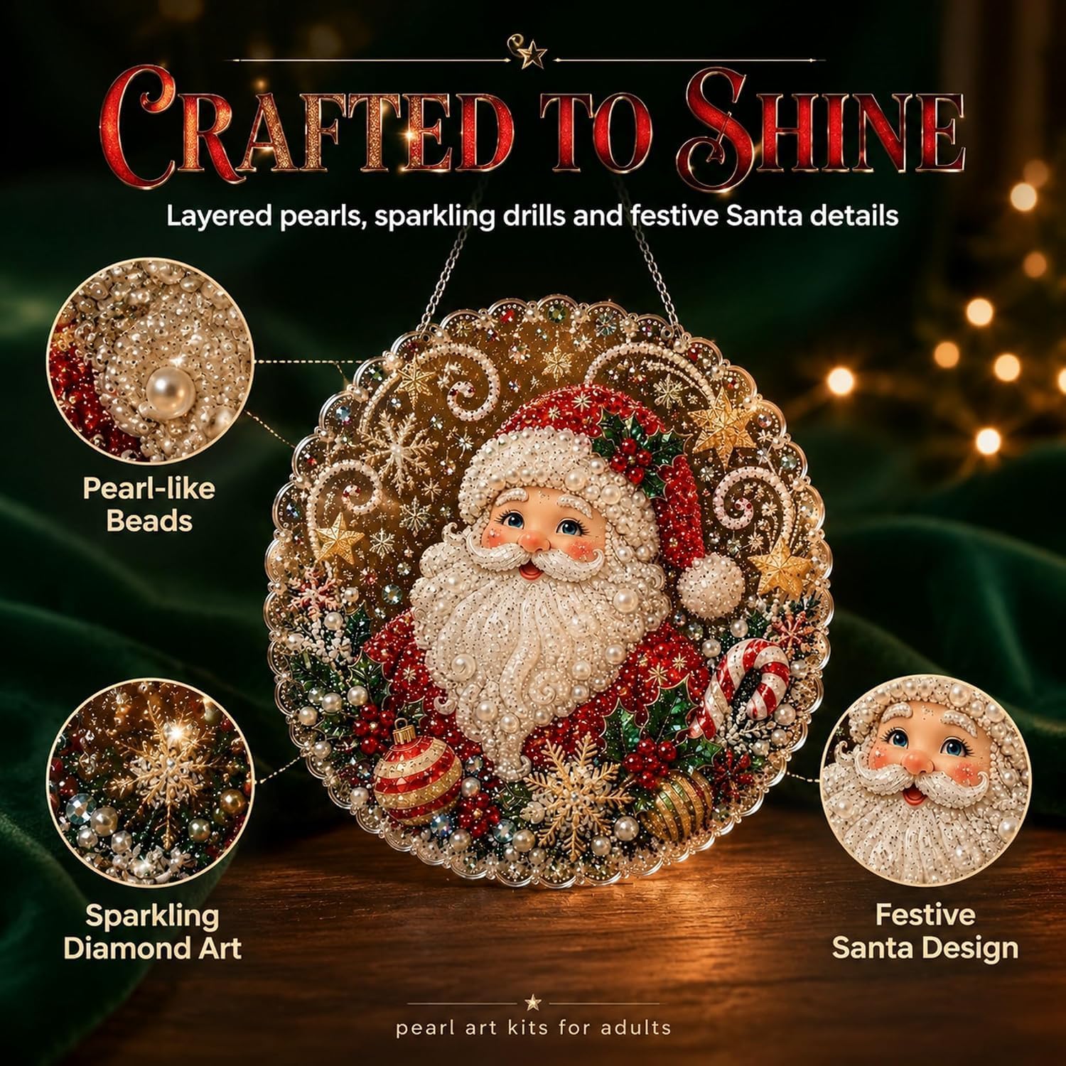 Christmas Pearl Diamond Art Kit for Adults,Christmas Pearl Diamond Painting Suncatcher Kit,DIY CraftAcrylic Hanging Craft with 3D Mixed-Size Beads for Window,Wall(10 * 10inch)