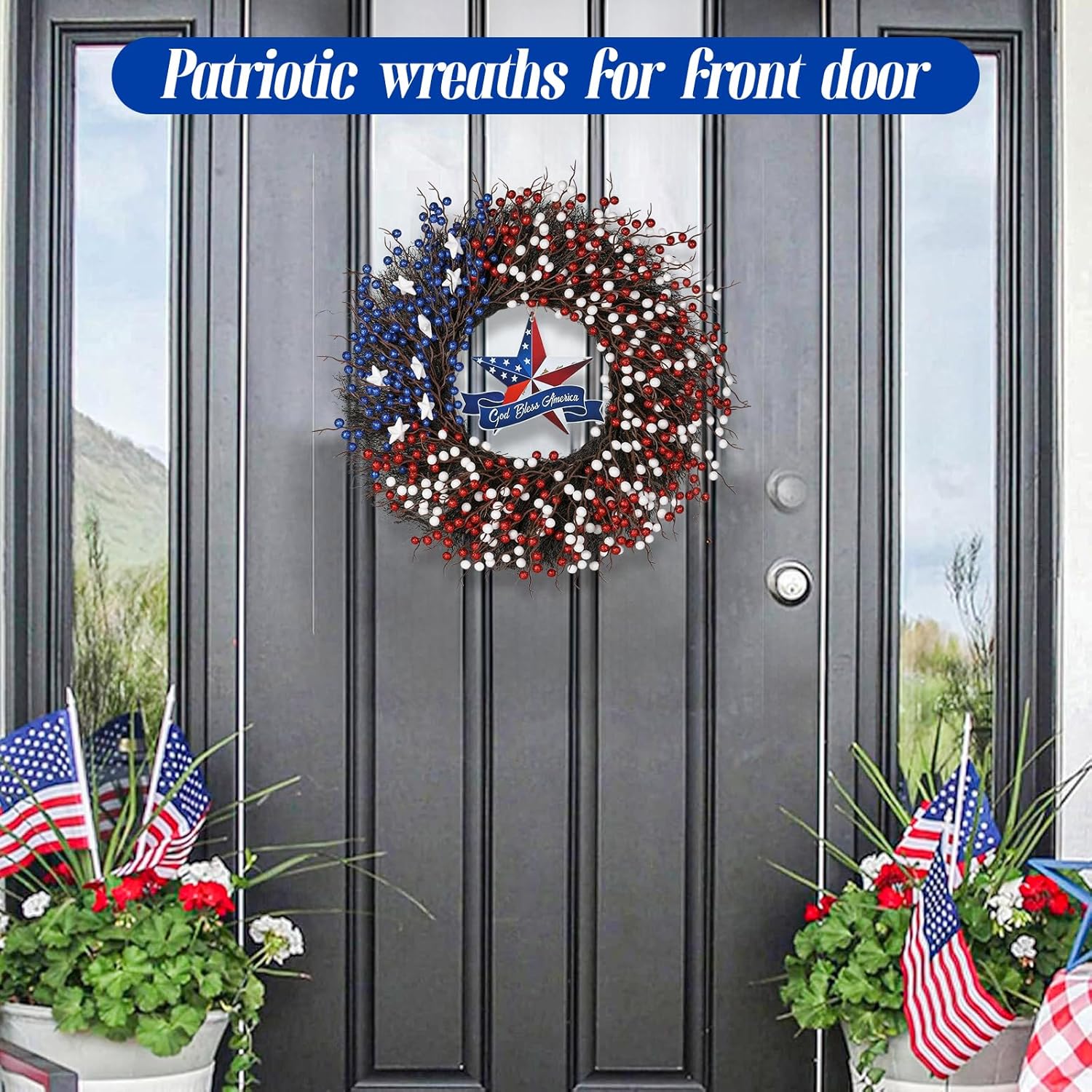 Patriotic Wreath, 4th of July Wreaths,Patriotic Berry red White Blue Door Wreath, Memorial Wreaths,Patriotic Decorations for Memorial Day Independence Day Veterans Day Front Door Wall (Blue)