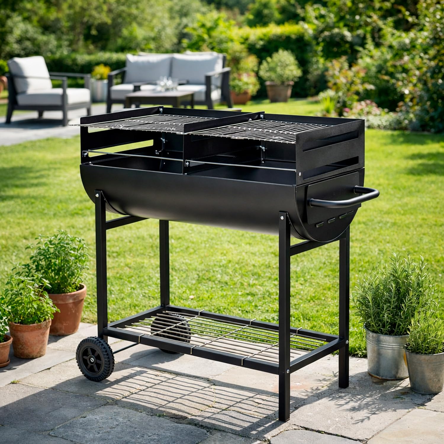 Barbecue A Carbone Con 2 Griglie Regolabili BBQ In Acciaio Resistente Con Ruote E Ripiano Portaoggetti Ideale Per Giardino Terrazzo E Grigliate All Aperto 90 x 45 x 96 Cm Nero