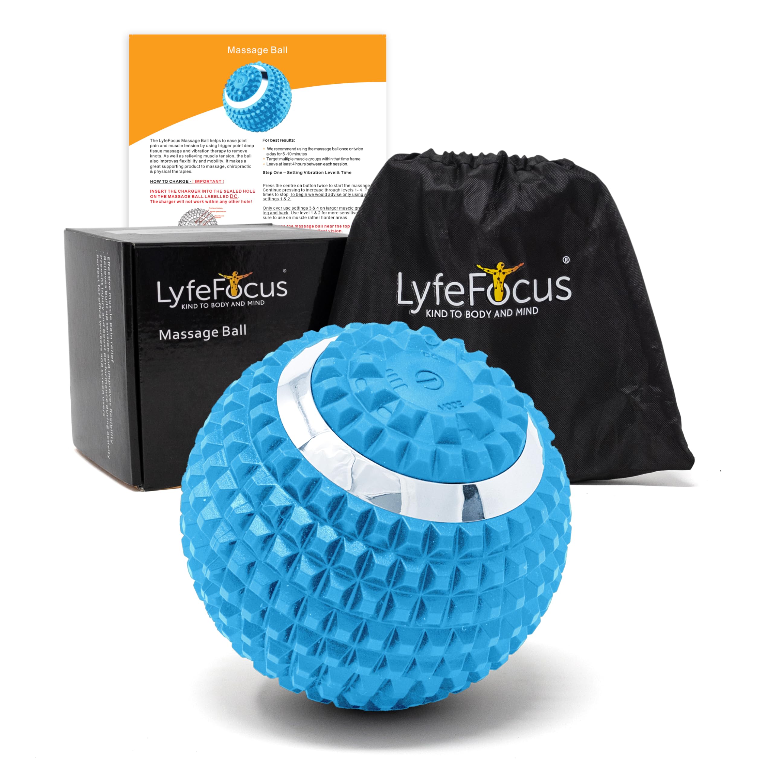 LyfeFocus Massage Ball with 4 Safety Approved Vibration Settings for Pain and Muscle Tension Relief - Specialist Approved Sports Trigger Point Massage Roller Ball - with Carry Bag (Blue)
