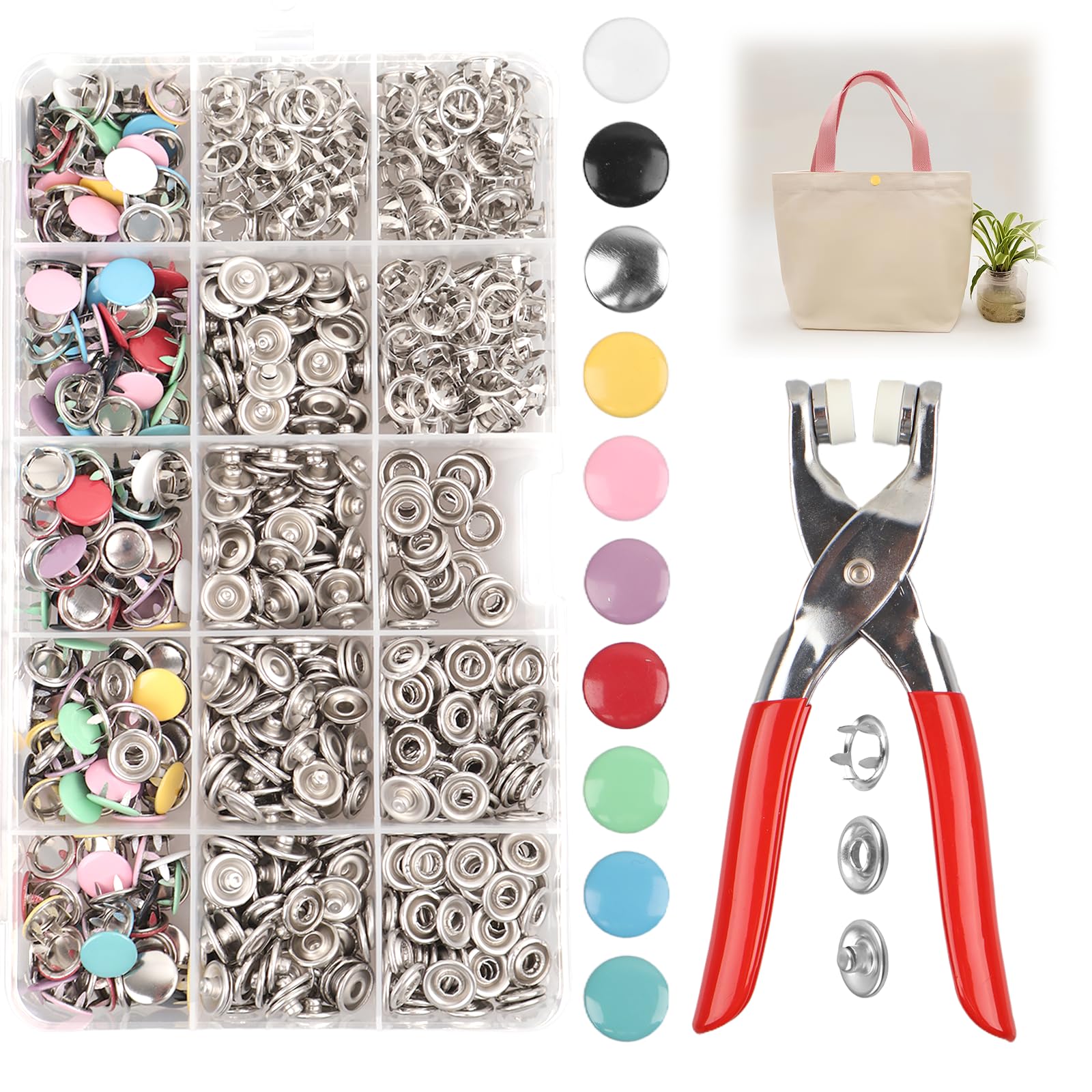 201 Pcs Snap Button Fastener Kit Snap Fastener Kit 10 Colors 9.5mm Press Studs Snap Fasteners & Poppers Fasteners with Installation Pliers, Perfect for Clothing, DIY Crafts, Sewing Projects