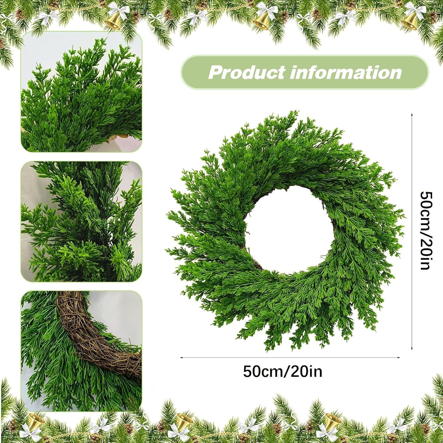 Coronas de pino Norfolk de Navidad de 20 pulgadas, 4 coronas de pino grandes, corona de vegetación artificial de Navidad, guirnalda de cedro sintético para puerta delantera, ventanas, paredes,