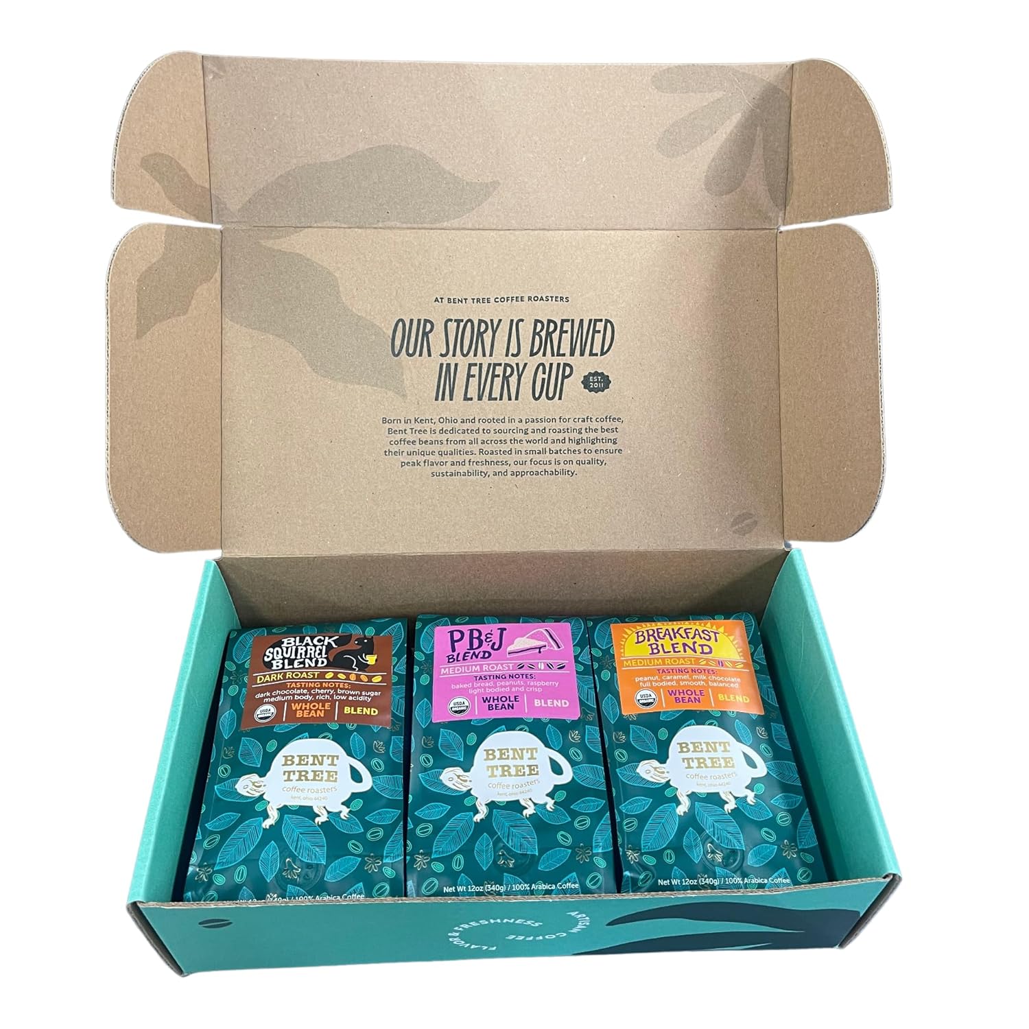 Bent Tree Coffee Gift Box, USDA Organic Medium and Dark Roast, Whole Bean Arabica, 12 oz, Set of 3 (3 Pack, Signature Blends)