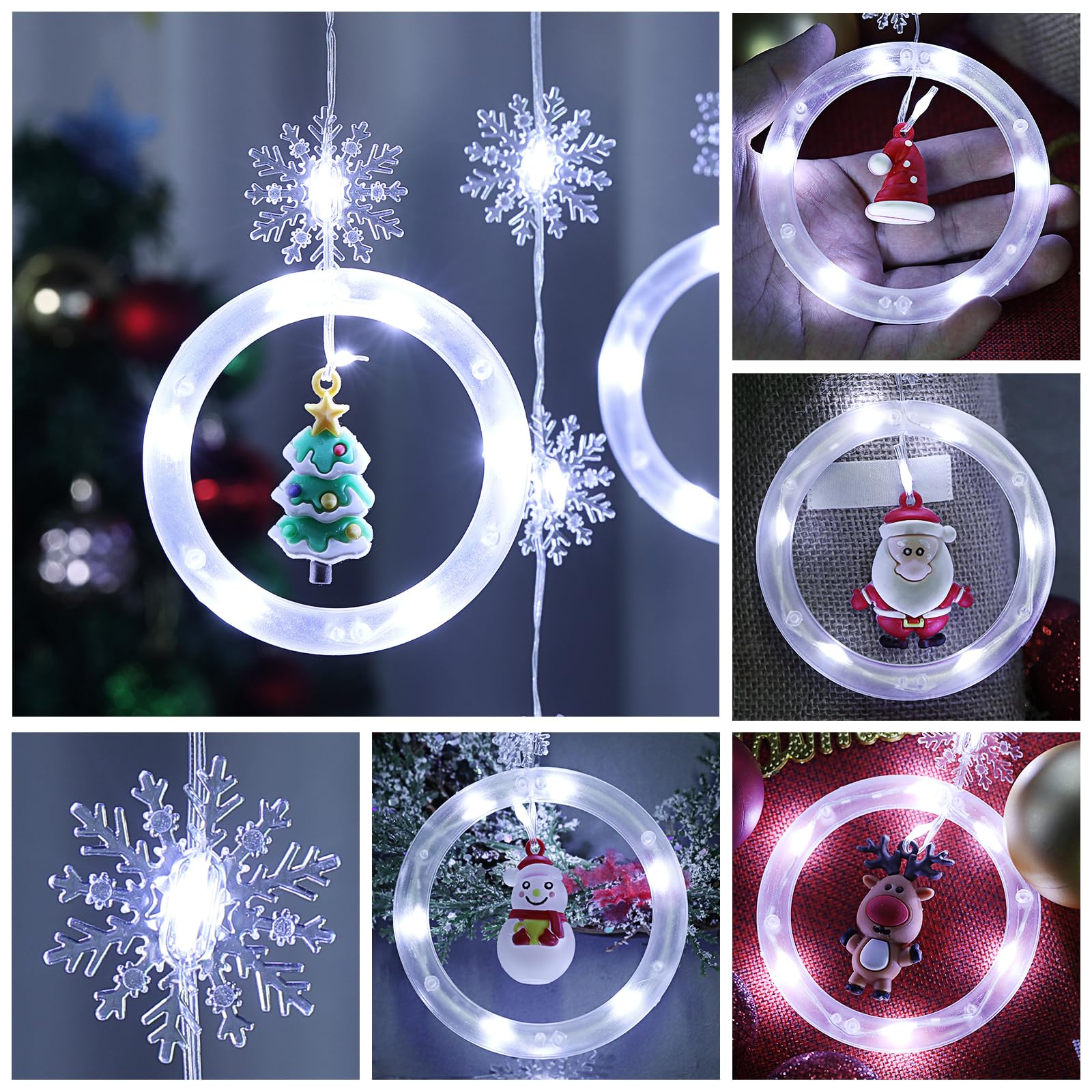 BLOOMWIN Gordijn, kerstdecoratie, 3 m, 120 leds, lichtketting met sneeuwvlokken, kerstverlichting, voor etalages, ramen, muur, huis, koudwit, USB