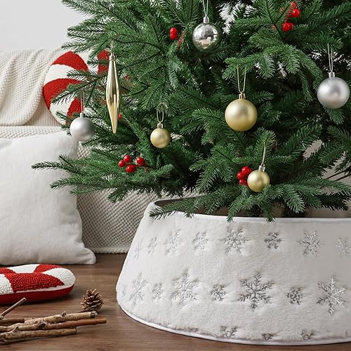 Miniatura 6 de Collar de árbol de Navidad de piel sintética collares de árbol de Navidad de piel de felpa blanca rústica con patrón de lentejuelas de copo de nieve