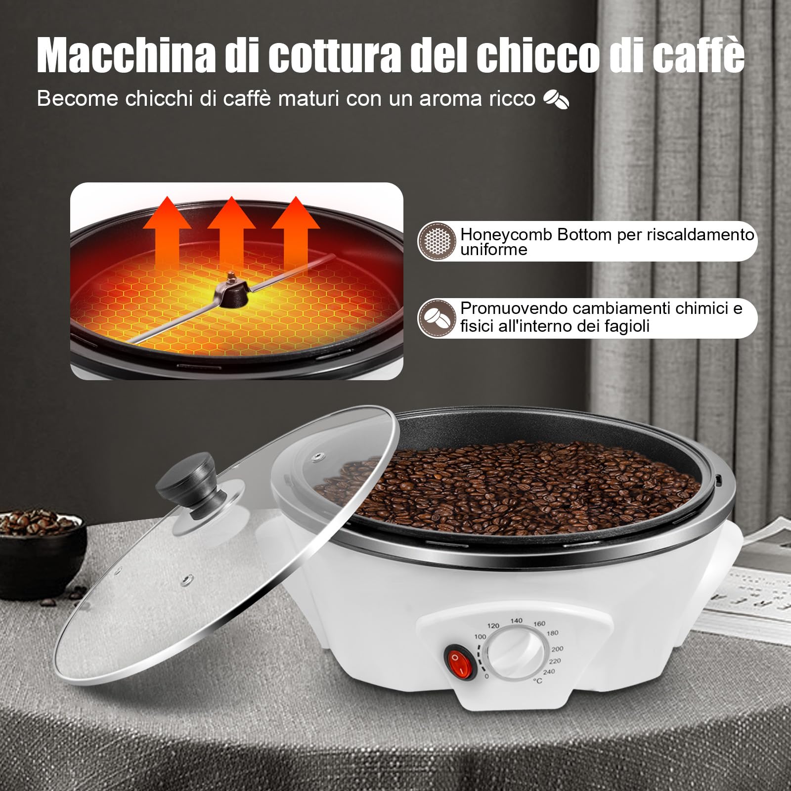 Machine à torréfaction électrique 1200 W - Machine à torréfaction à café réglable avec capacité de 500 g - Pour arachides, graines de melon, soja, grains de café crus