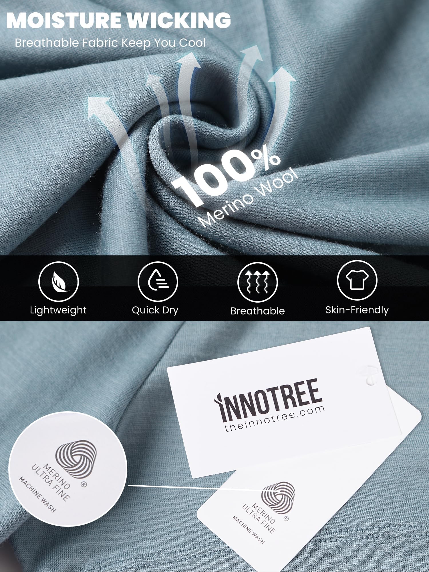 innotree Maglietta da uomo in lana merino, 100% biologica, resistente agli odori, maglietta intima per escursioni e viaggi