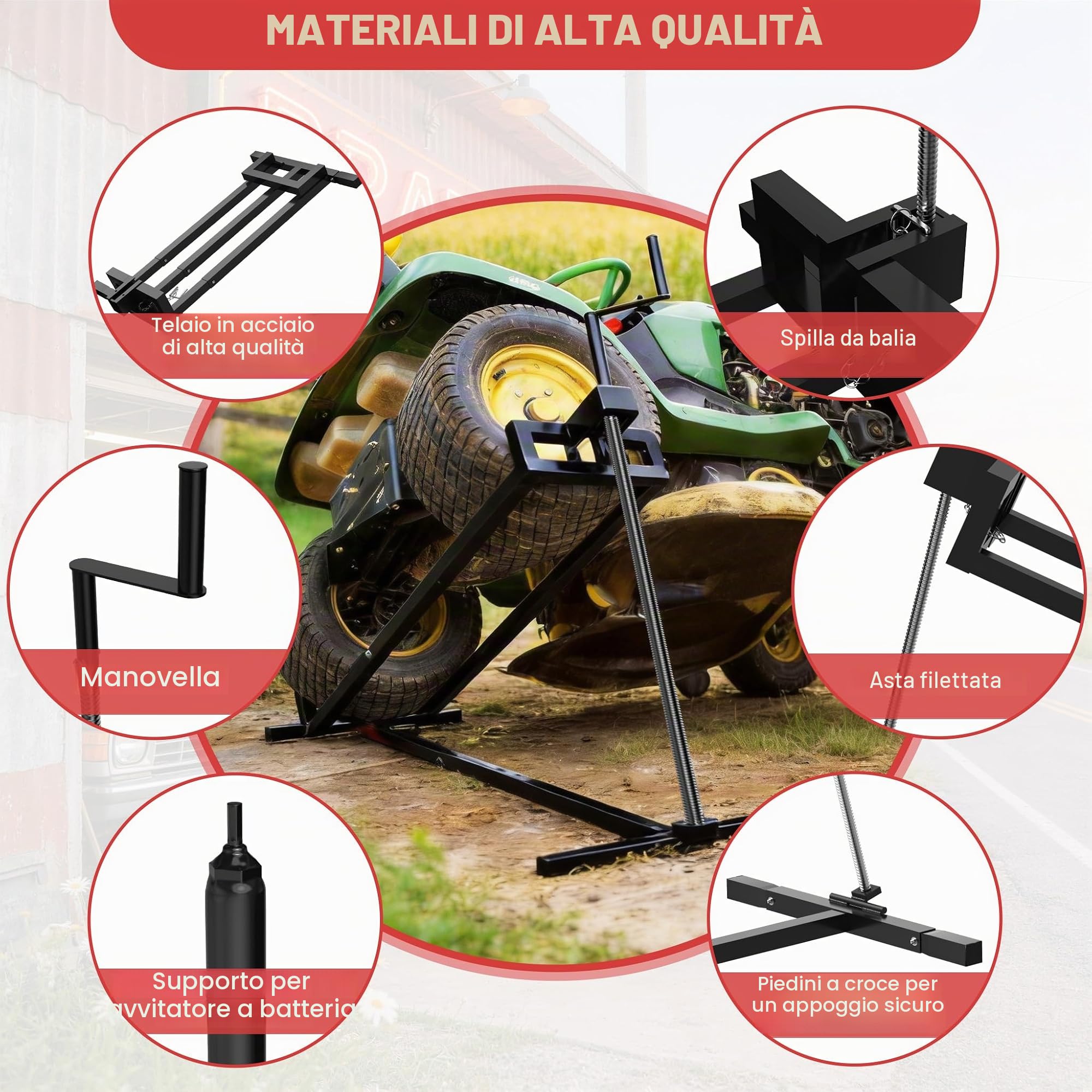 Sollevatore per trattorini in acciaio, pieghevole, con inclinazione di 45°, sollevatore regolabile con manovella, dispositivo di sollevamento manuale fino a 400 kg, per trattori tosaerba