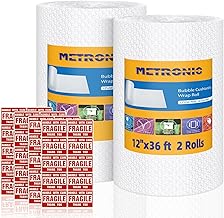Metronic Bubble Cushioning Wrap 2 Pack 12 Inch x 72ft Total, Dense Bubble Packing Air Wrap Clear Bubble Packing Roll for Shipping and Moving Supplies, Perforated Every 12"