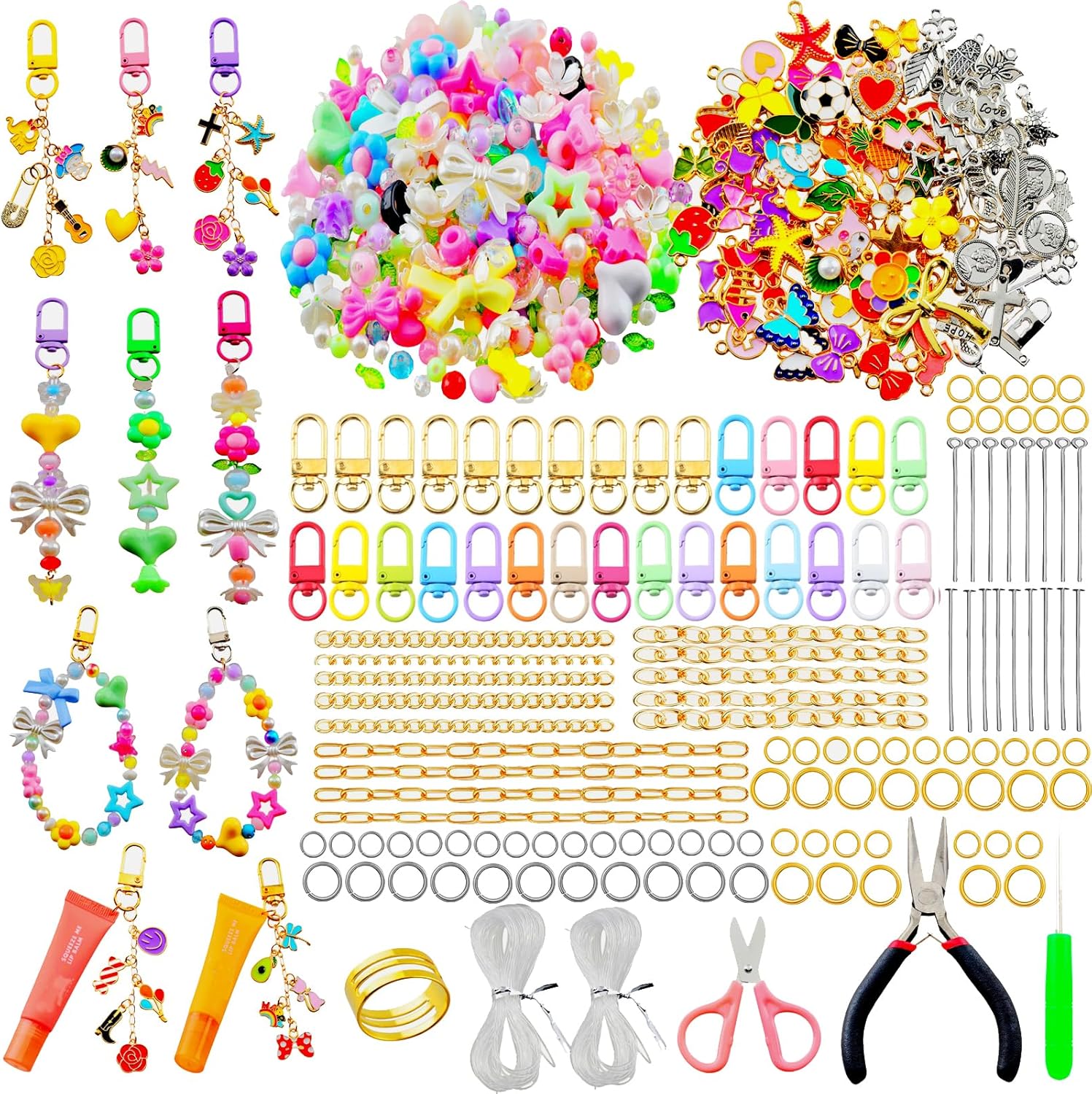 eswala Keychain Making Kit 750pcs Keychain Charms Key Chain Making Kits Bag Charm Kit Lip Gloss Charms Kits Bulk DIY for Phone Purse Lipgloss Kindle Charm Accessories Jewelry Keychains Supplies