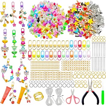 eswala Keychain Making Kit 750pcs Keychain Charms Key Chain Making Kits Bag Charm Kit Lip Gloss Charms Kits Bulk DIY for Phone Purse Lipgloss Kindle Charm Accessories Jewelry Keychains Supplies