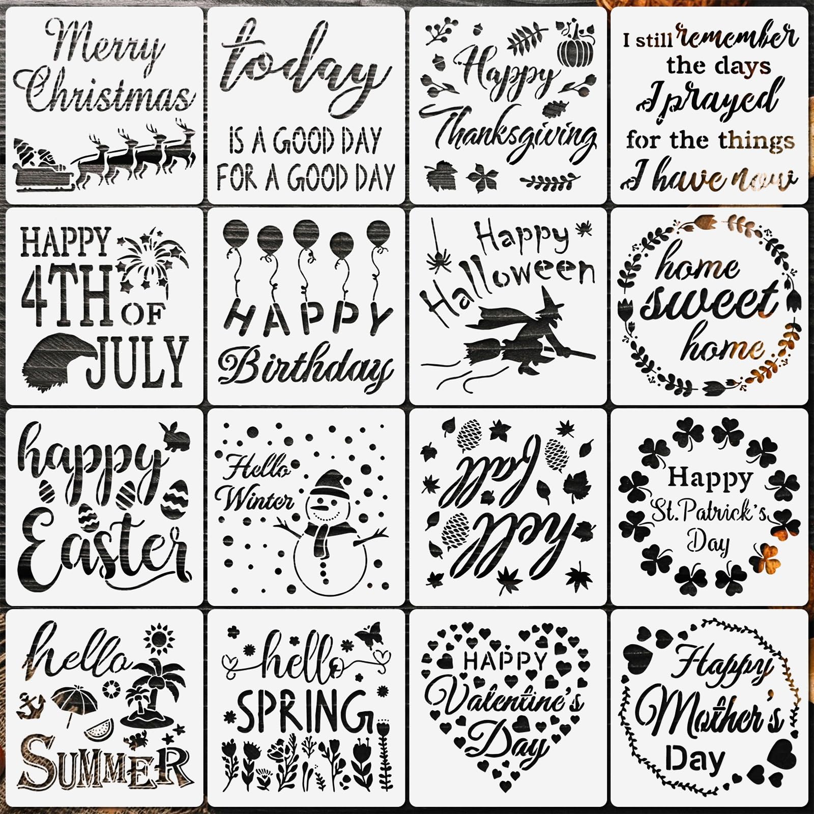 Seasonal Home Sign Stencils - 16pcs Reusable Festival Word 5.9 in Templates for Painting on Wood, Walls, Doors, and DIY Craft Projects