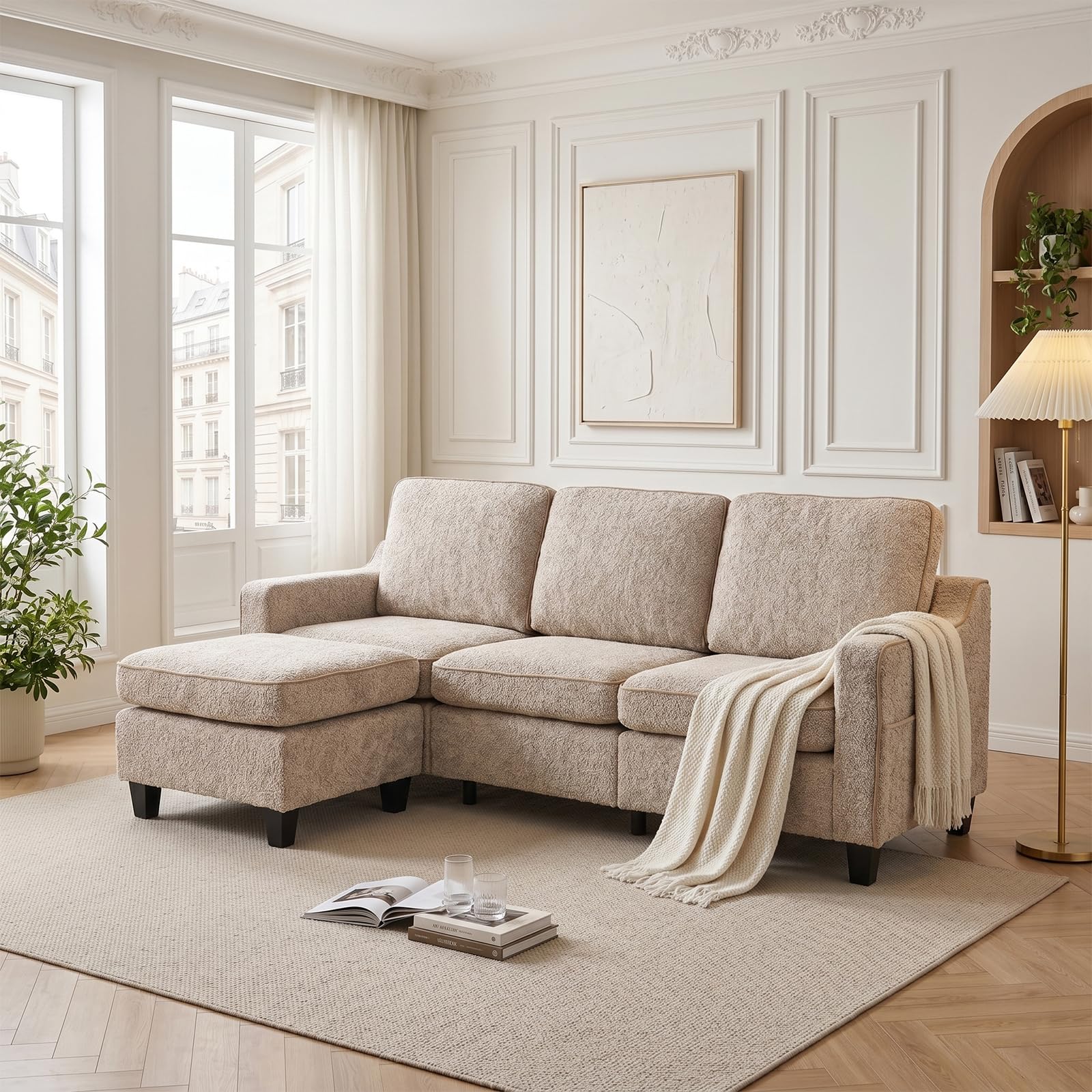 JIEXI Sofa 3 + 1-osobowa z otomaną, możliwość dowolnego łączenia z pluszowego polaru, oddychająca, wysoka obciążalność 230 kg, w zestawie kieszeń boczna, sofa do salonu, sypialni, biura – beżowa