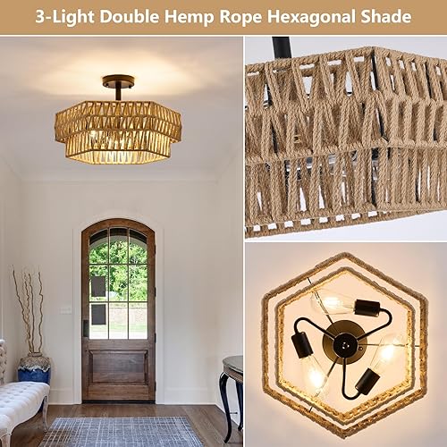 Miniatura 5 de Lámpara de techo semiempotrada de granja, 3 luces, estilo bohemio, lámpara de techo de cuerda de cáñamo tejida rústica, lámpara de techo hexagonal