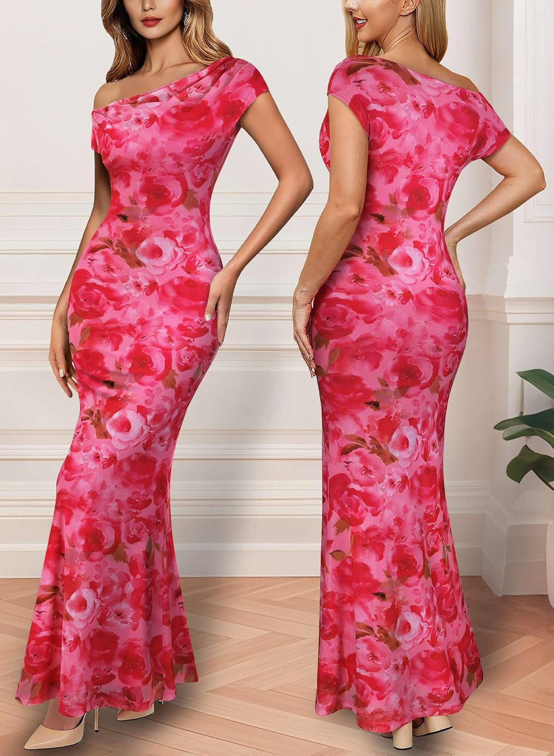 VFSHOW Womens 2025 One Shoulder Wedding Guest Bodycon Maxi Dress Sexy Off The Shoulder Fitted Formal Long Cocktail Dresses - Image 3