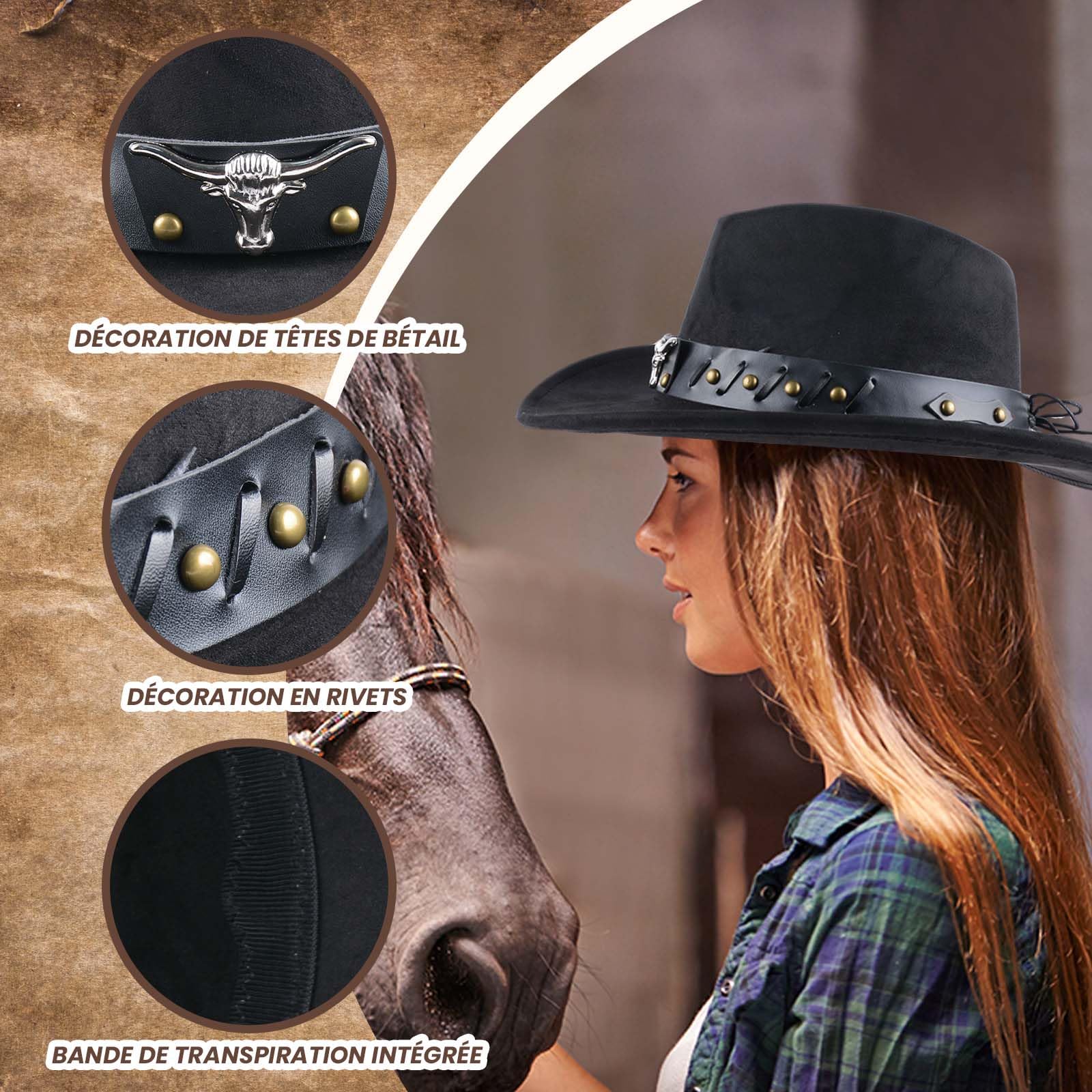 MYKAGS Chapeau de Cowboy pour Femmes et Hommes, Chapeaux Western en Daim, Chapeau Panama, Chapeaux de Cow-Boy à Large Bord, Cow-Girl Western en Daim
