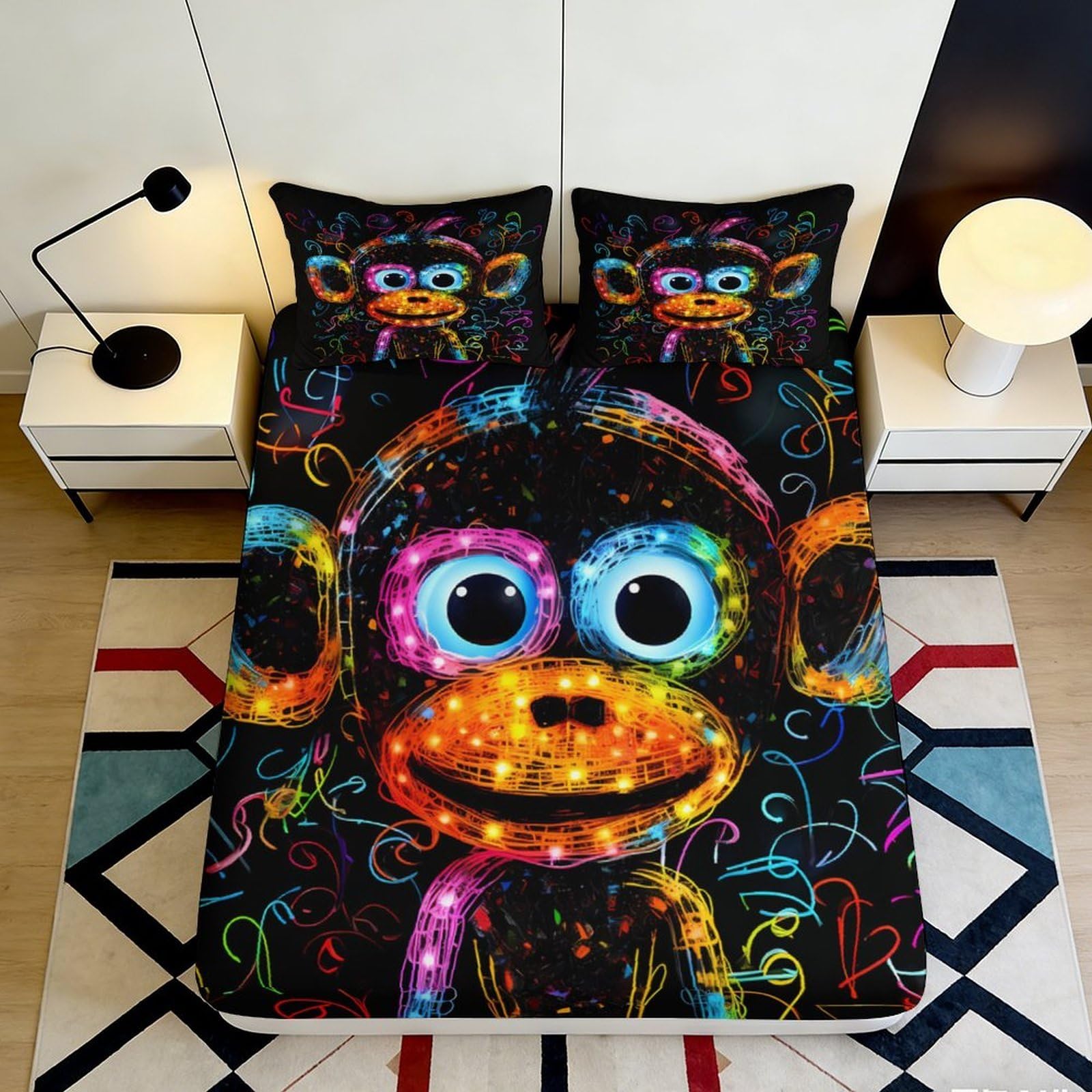 3D Printed Graffiti Monkey Fitted Sheet Microfiber Vibrant Cartoon Mattress Cover for Bedroom Dorm Decor 90x200x25cm