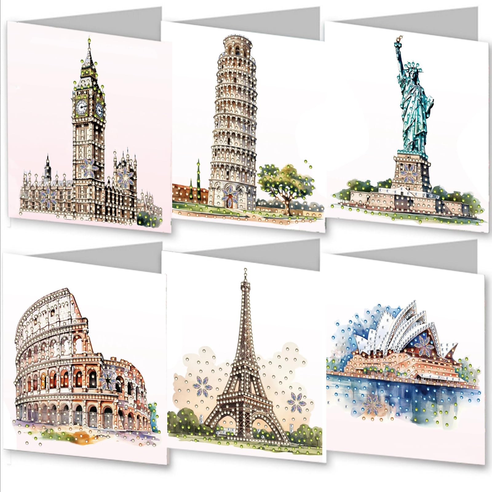 Meecaa Architecture 6Pcs Diy Diamond Art Christmas Cards Kits Effier Tower Statue Big Ben 5D Crystal Art Card With Envelopes, Postcards For Handmade, Diamond Painting Cards Sets, 15 * 30Cm (Architecture)