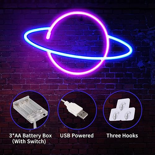 Miniatura 4 de Letreros de neón para decoración de pared, 3 luces LED de neón para dormitorio, elemento espacial iluminado por USB o pilas, planeta alienígena