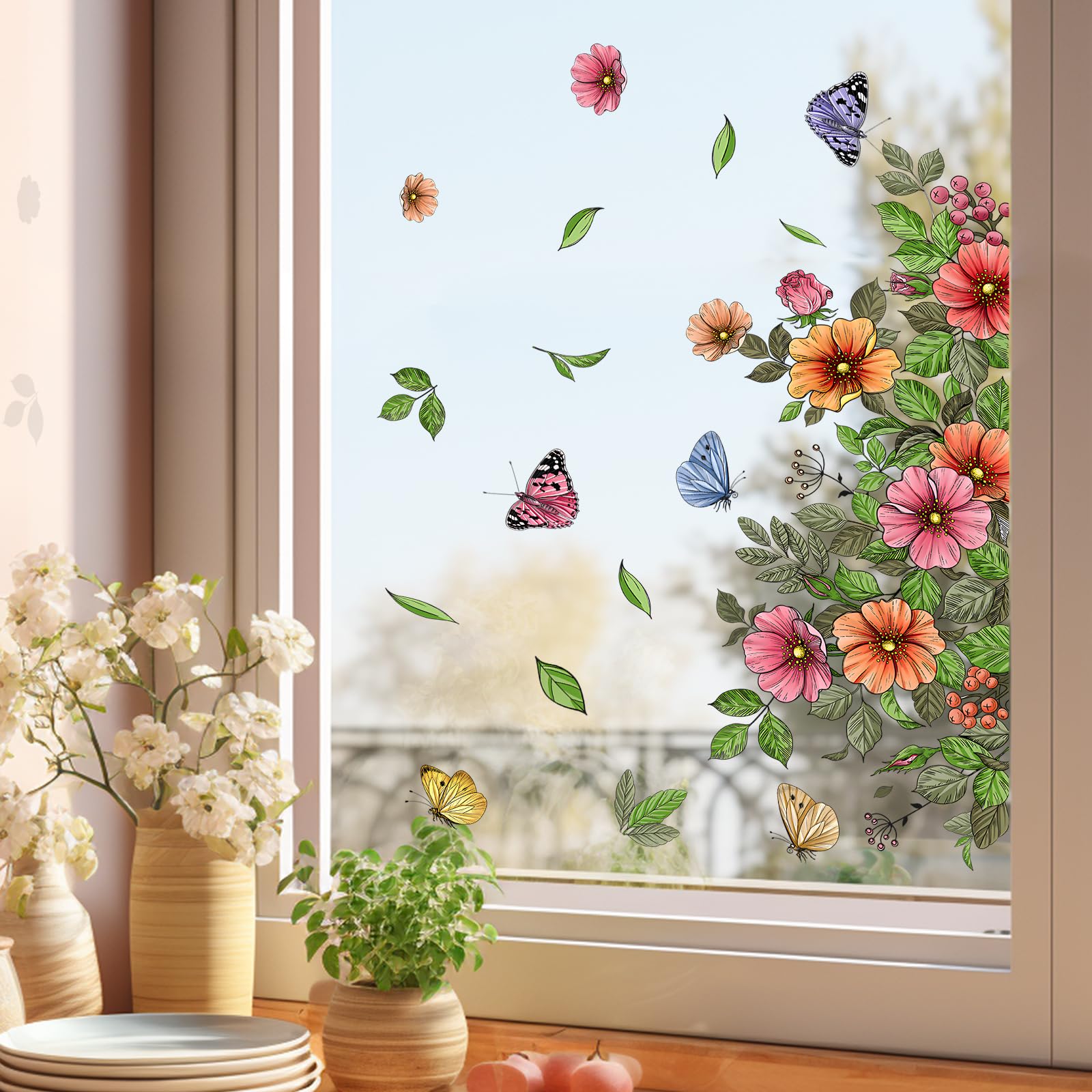 Adesivi Per Finestre Botanici Con Piante In Vaso, 30x60 Cm, Antiscivolo Per Uccelli, Visibili Su Entrambi I Lati - 4