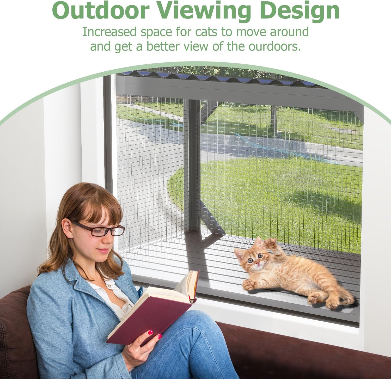 Catio Outdoor Cat Enclosure Window Perch for Sunbathing, Napping, Overlooking Hammock for Safely Enjoying Outdoor Sights - All Weather Use