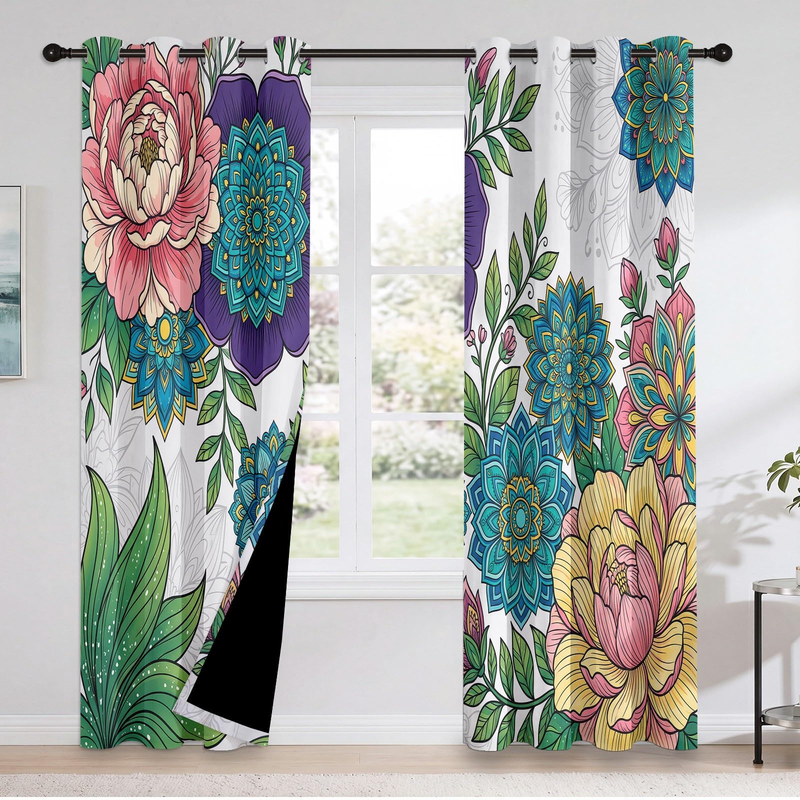 Generisch Modern Boho Verdunkelungsvorhänge Schlafzimmer 2er Set, Mandala Blumen Grüne Blätter Blickdicht Bedruckte Ösen Gardinen, Thermo Vorhänge für Schlafzimmer Kinderzimmer, H 245 x B 100 cm