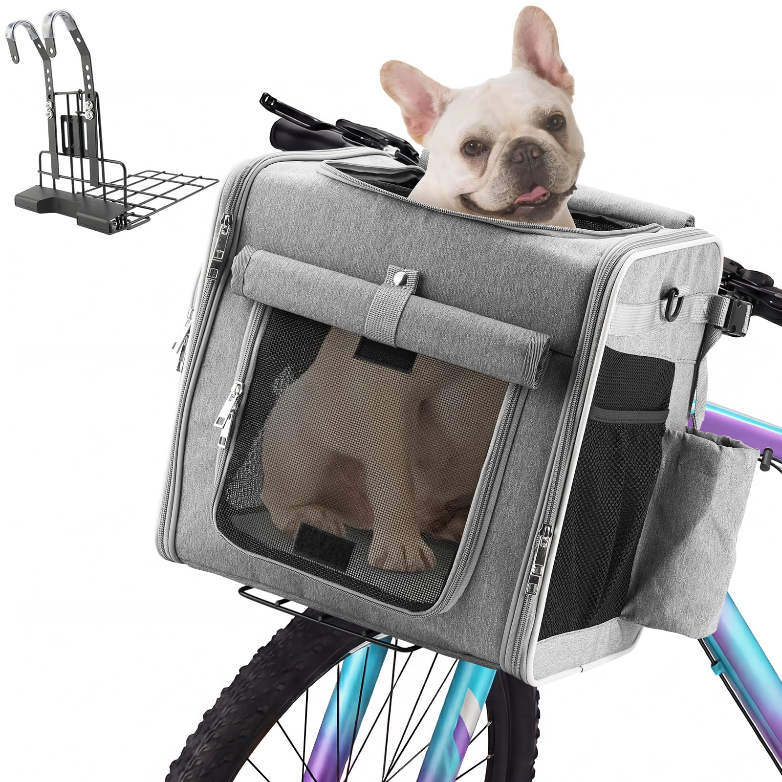 expandable dog bike basket with secure mounting bracket, multi-functional foldable pet carrier backpack for small dogs & cats, features safety buckle & 4 mesh windows(light gray for mtb)