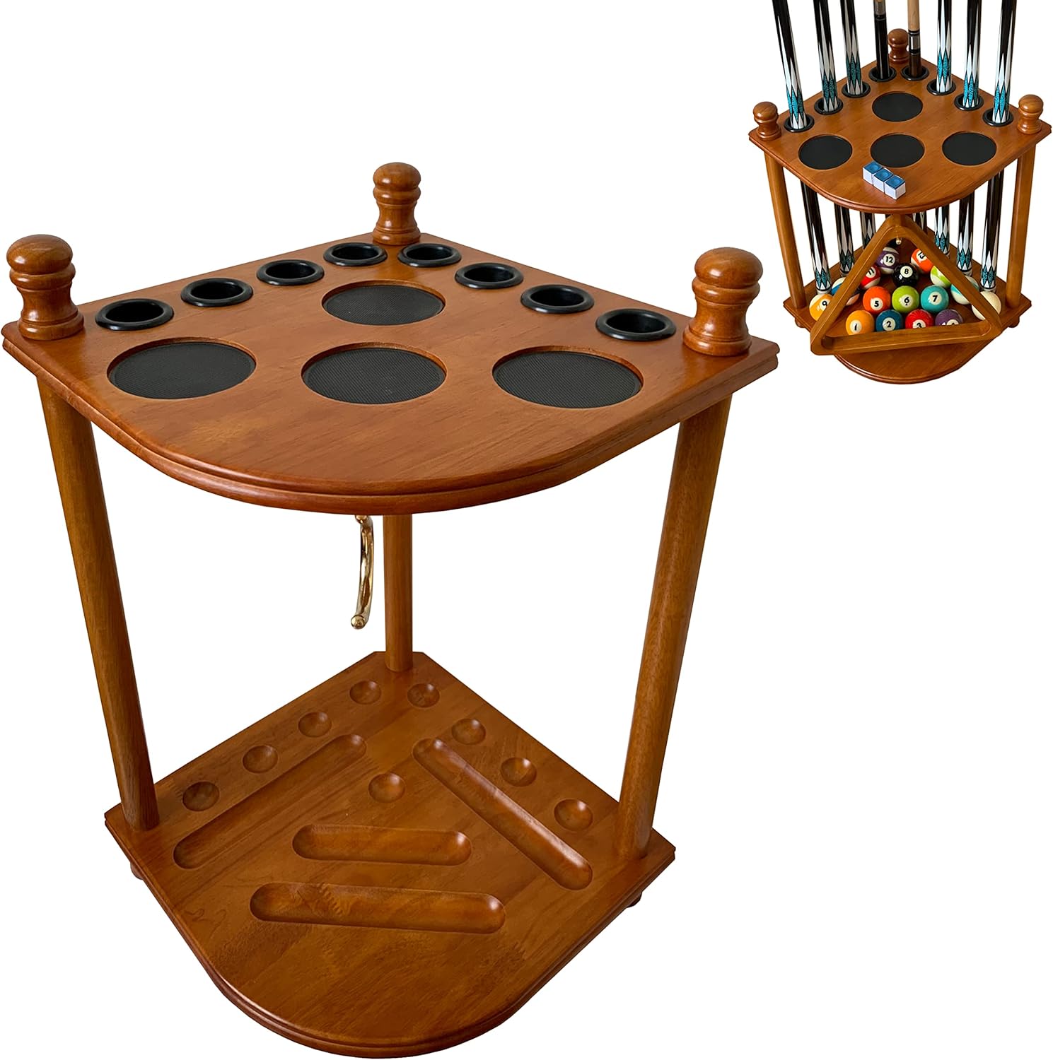 Floor Pool Cue Rack Hold 8 Cue Sticks & Billiard Accessories. Corner Stand Pool Cue Holder Made of 100% Solid Hardwood. Provided Ball Rack Hook. CUE RACK ONLY (Classic Oak)