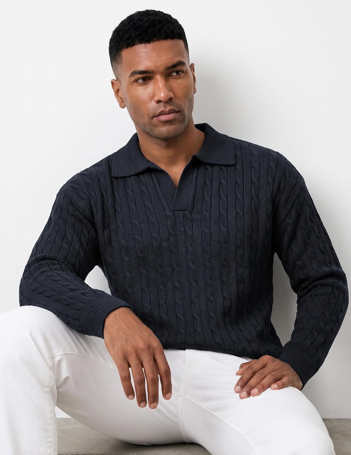 JMIERR Mens Cable Knit Polo Sweater Casual Warm Long Sleeve Pullover | Soft wool blend, cable knit texture, open collar, fall winter casual layering, machine washable