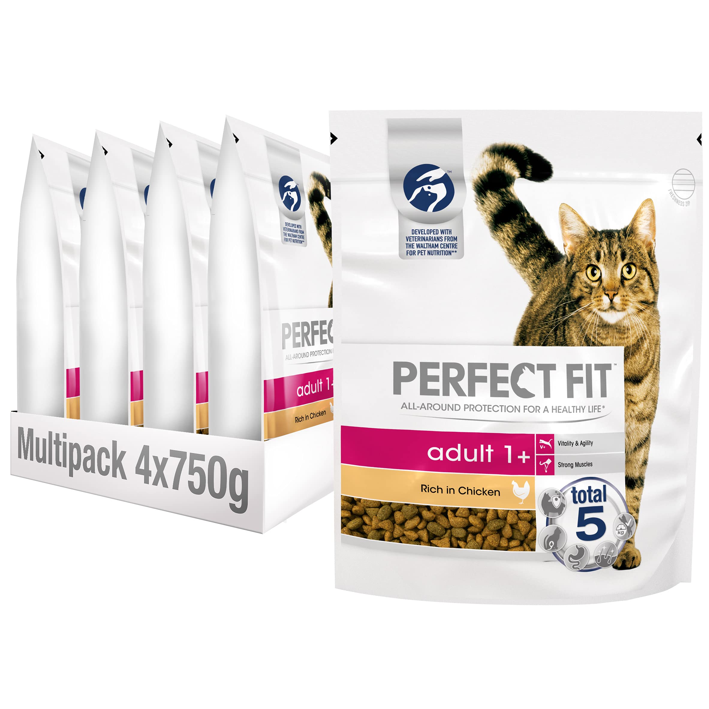 Perfect Fit Adult 1+ Complete Dry Cat Food for Adult Cats Aged 1+ Years, Rich in Chicken, 4 Bags (4 x 750 g) — image 1