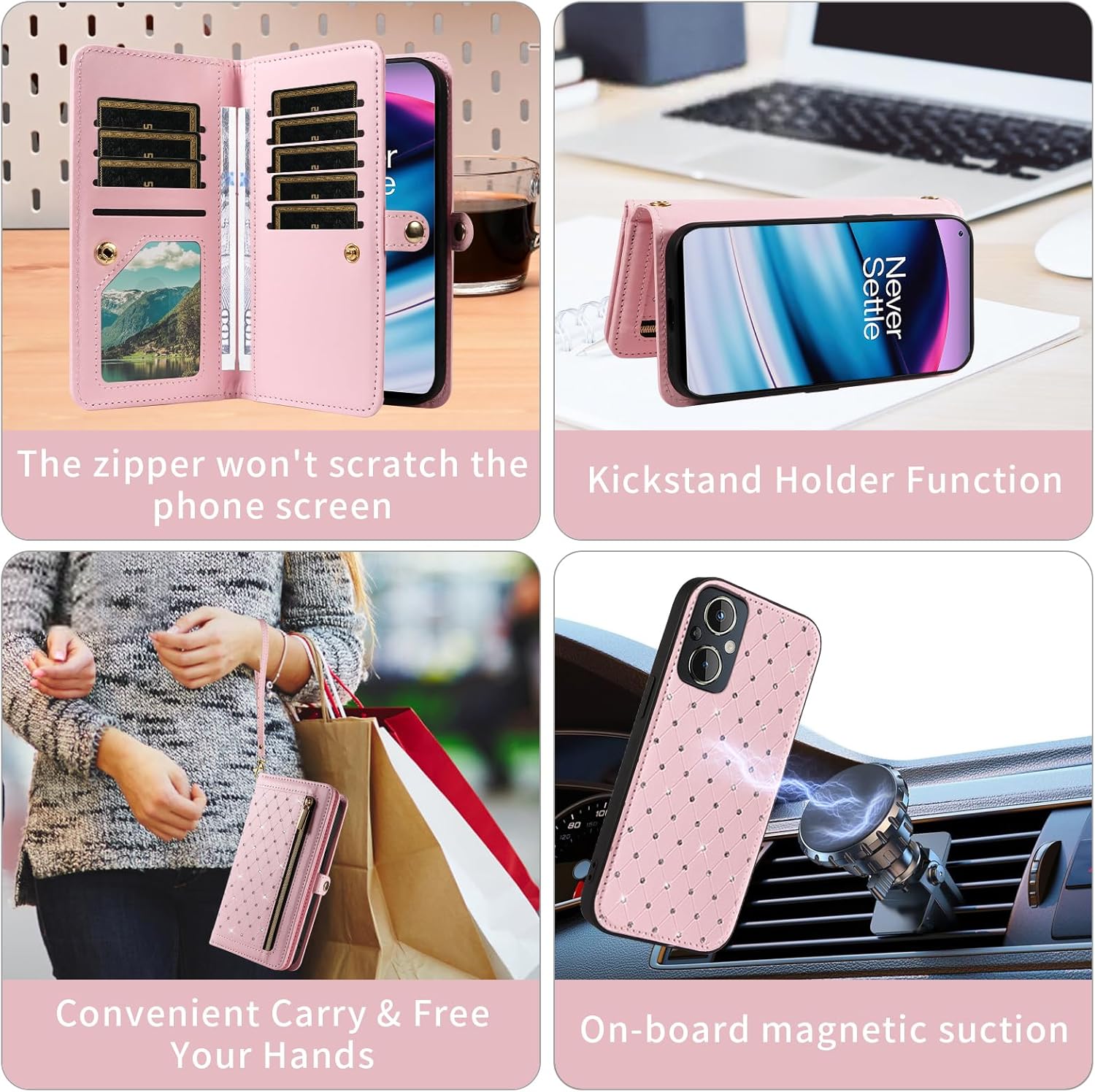Phone Case for OnePlus Nord N20 5G Zipper Wallet Detachable Cell Cover with Screen Protector Crossbody Strap Bling Flip Credit Card Holder One Plus N 20 G5 1 Plus 20N 1plus One+ 1+ N205G Women Pink