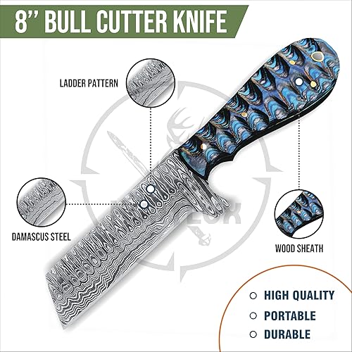 Miniatura 3 de Huntlux Cuchillo de acero de Damasco, espiga completa de 8 pulgadas con mango de madera, cortador de matón y cuchillo de desollar para uso en