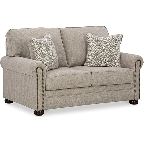 Signature Design by Ashley Gaelon Transitional Loveseat with Nailheads and 2 Accent Pillows, Beige