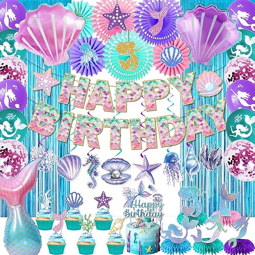 59 decoraciones de cumpleaños de sirena, decoraciones de fiesta de sirena sin bricolaje, fiesta de cumpleaños de sirena, suministros de fiesta de