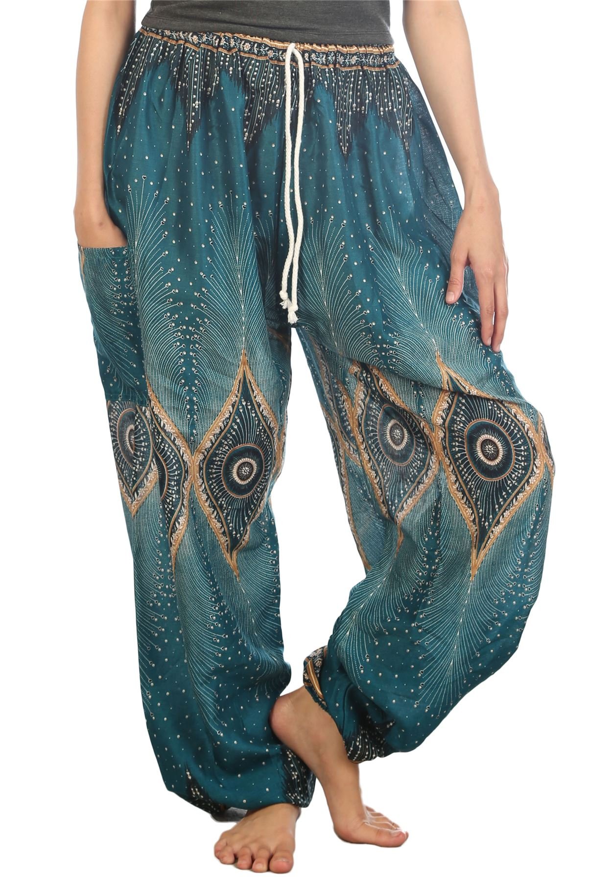 Lofbaz Women's Drawstring Diamond Harem Boho Genie Pants Teal Green XL