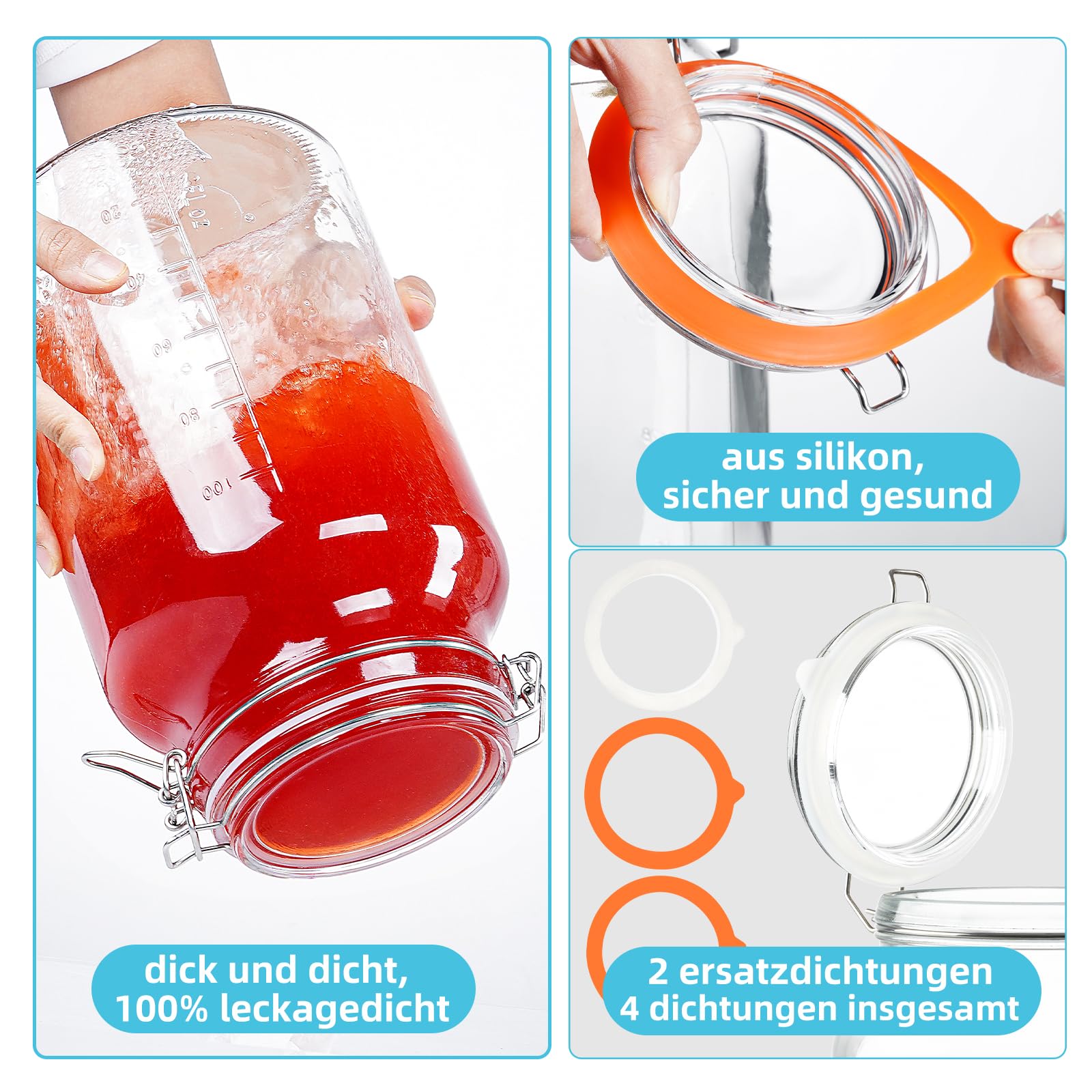 Absovetu 2er Set Rund Einmachgläser mit Bügelverschluss 4 Liter - Drahtbügel-Vorratsgläser mit Deckel Luftdicht Fermentierglas für Gewürzgläser Kimchi Spaghetti Mehl Sauerteig Aufbewahrung