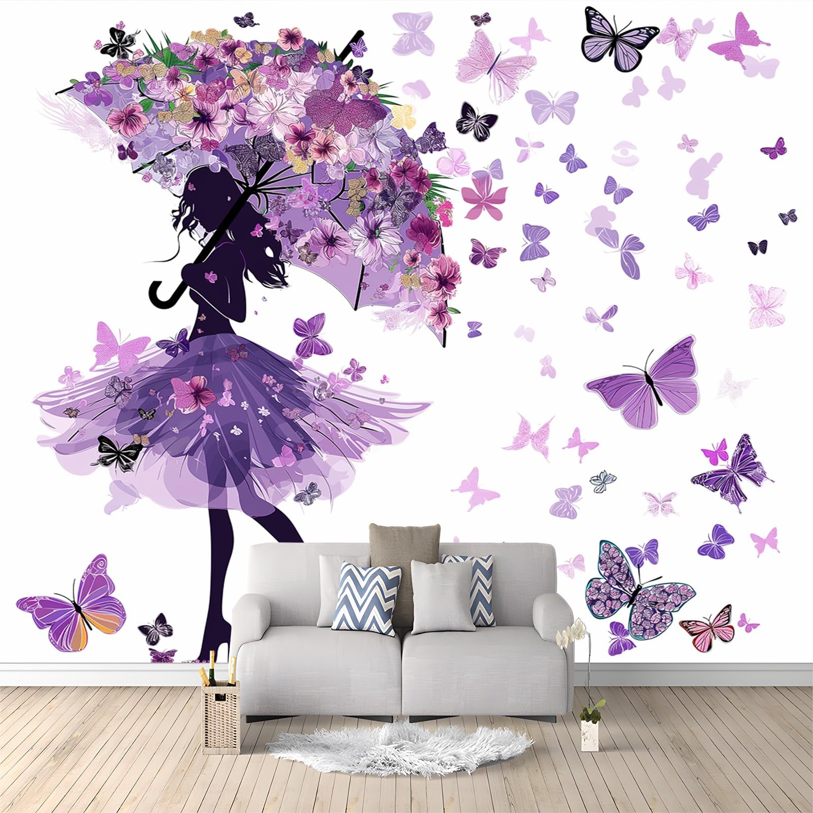 Samoprzylepna tapeta, piękna dziewczyna motyl sztuka ścienna naklejki na meble sypialnia salon 250 x 175 cm fioletowa tapeta ścienna zdjęcie dzieci plakat DIY dekoracja