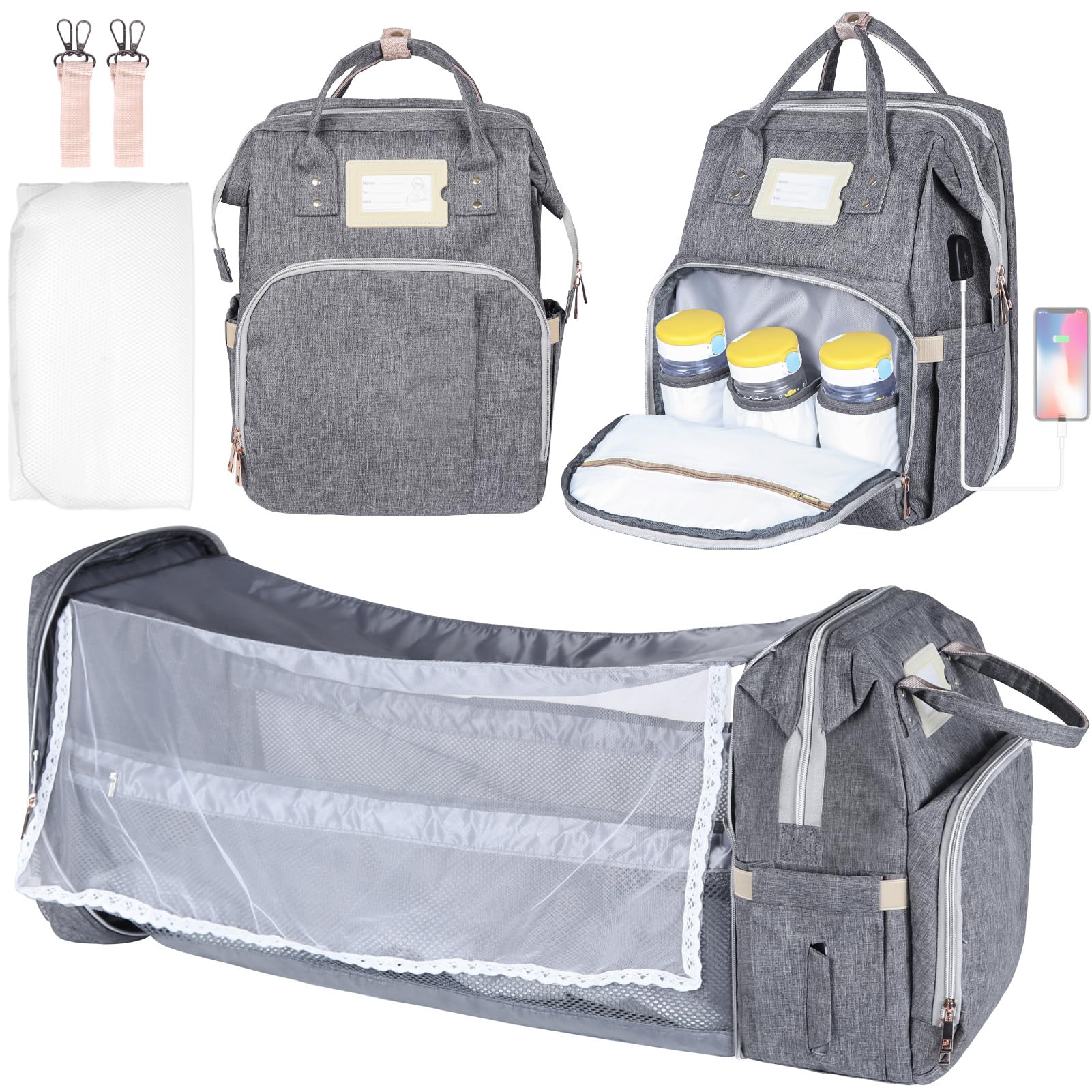 Ohotter Borsa Zaino Fasciatoio, Zaino Mamma Grande con Lettino Pieghevole, Materassino Fasciatoio, Cinghie per Passeggini, Tasche Isolanti Bottiglia, Zaino per il Cambio Unisex per Mamme e Papà