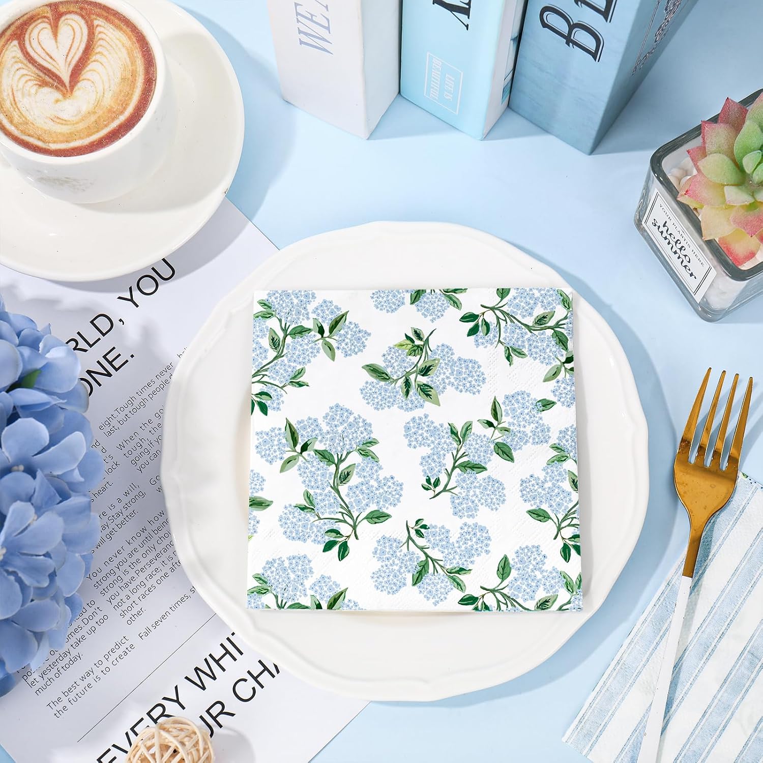 Whaline 50 Pcs Blue Hydrangea Stripe Cocktail Napkins Floral Flower Paper Napkins Disposable Dessert Beverage Napkin for Wedding Bridal Baby Birthday Tea Party Table Decor Supplies