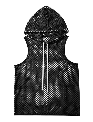 ABAFIP Men Mesh Fishnet Tank Top Sleeveless Drawstring Hoodie Shirt