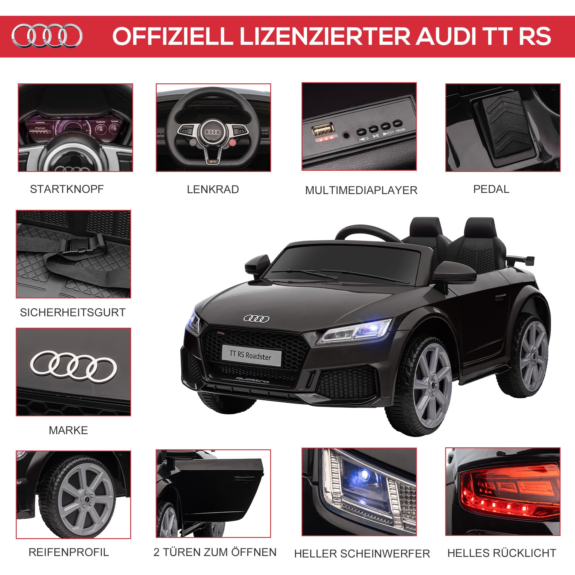 HOMCOM Kinder Elektroauto 12V Kinderauto mit 2,4 G Fernbedienung, 2 Motor, Kinderfahrzeug mit Hupe, LED, Musik, USB/MP3-Anschluss, Rückwärtsfunktion, Elektrofahrzeug für Kinder 3-5 Jahre, Schwarz