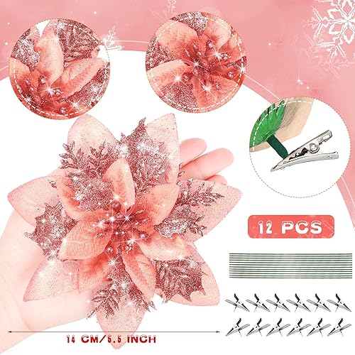 Miniatura 2 de Adornos de flores de Pascua artificiales de Navidad con purpurina y clips y tallos, adornos para árbol de Navidad de Pascua con purpurina para boda