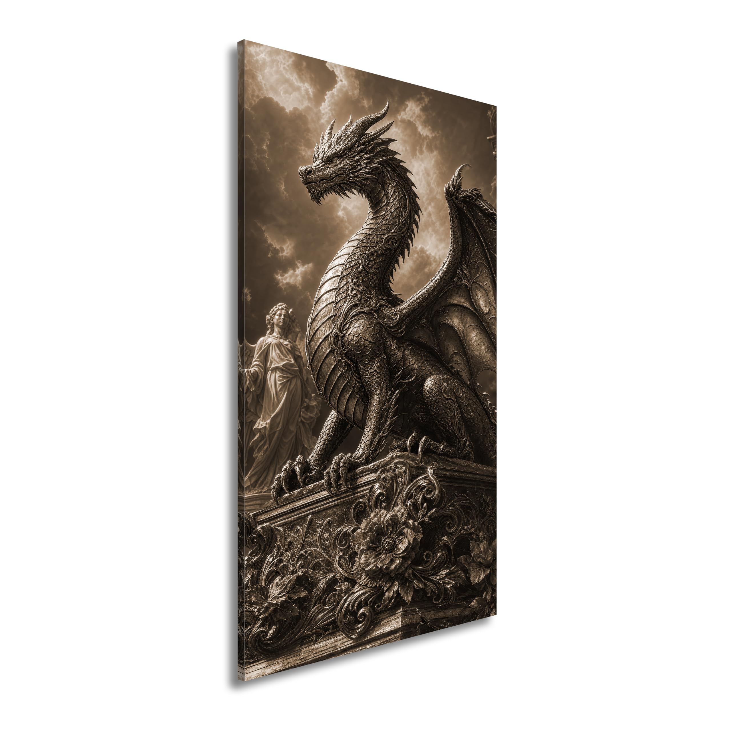 deyoli Obraz na płótnie Złoty smok statua przed niebem 100 x 50 cm Sepia