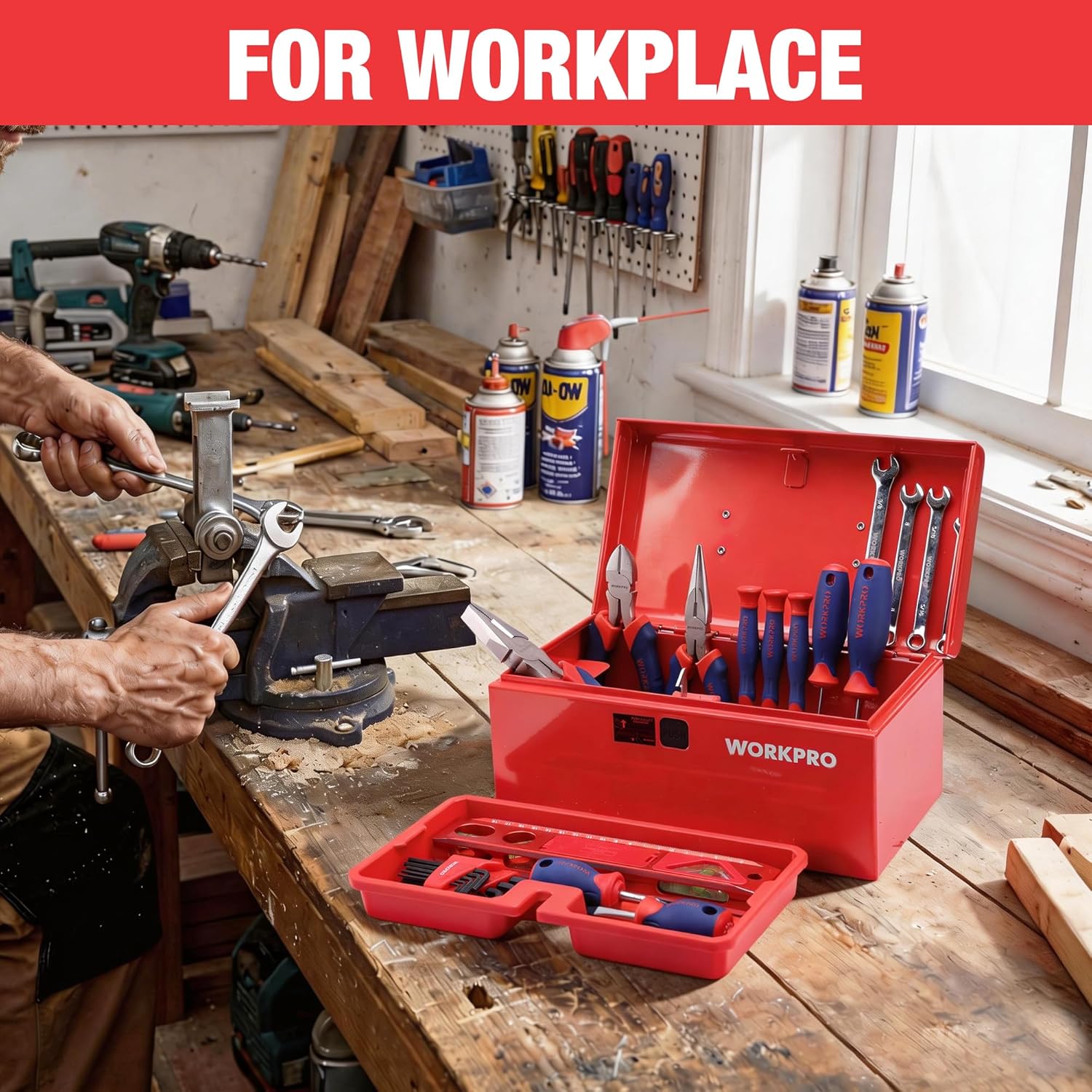 WORKPRO 10.8" Portable Mini Metal Tool Box with Removable Color-Matching Tray, One-Button Latch Toolbox, Steel Tool Chest with PP Handle, Compact Storage Organizer for Home, Office or Workshop