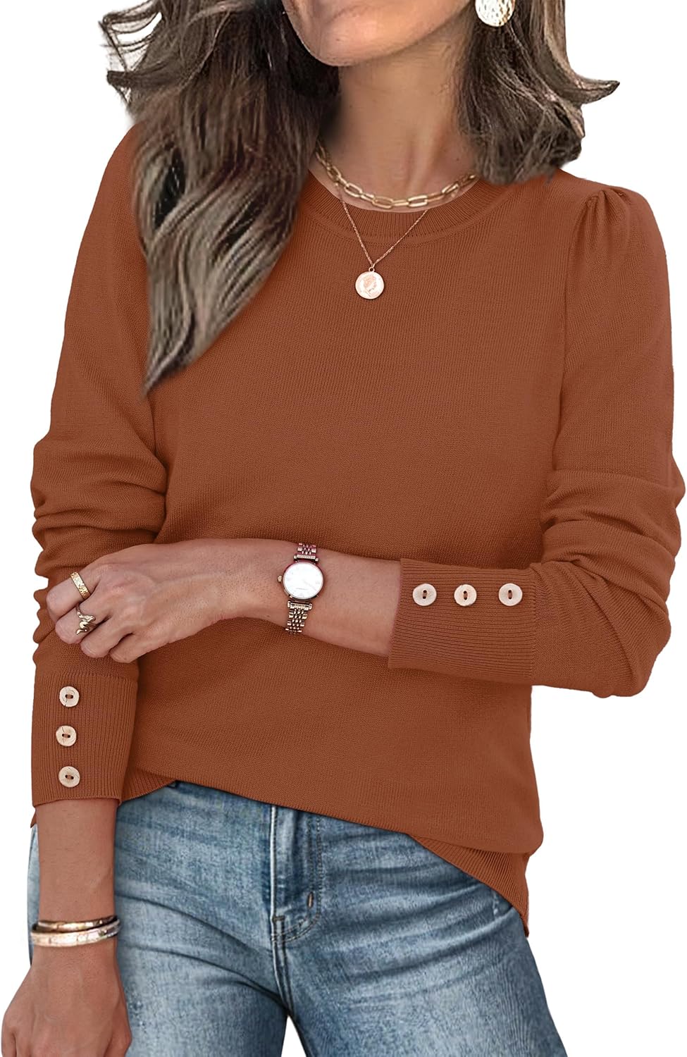 Womens Sweaters Fall Fashion 2025 Long Sleeve Button Cuff Soft Knit Pullover Trendy Tops Dressy Casual Blouses