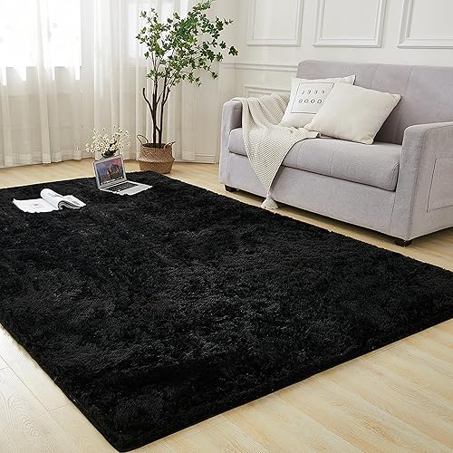 Andency Alfombra negra de pelo largo de 8 x 10 pies para sala de estar, alfombra de felpa mullida de pelo sintético para interiores y dormitorio,