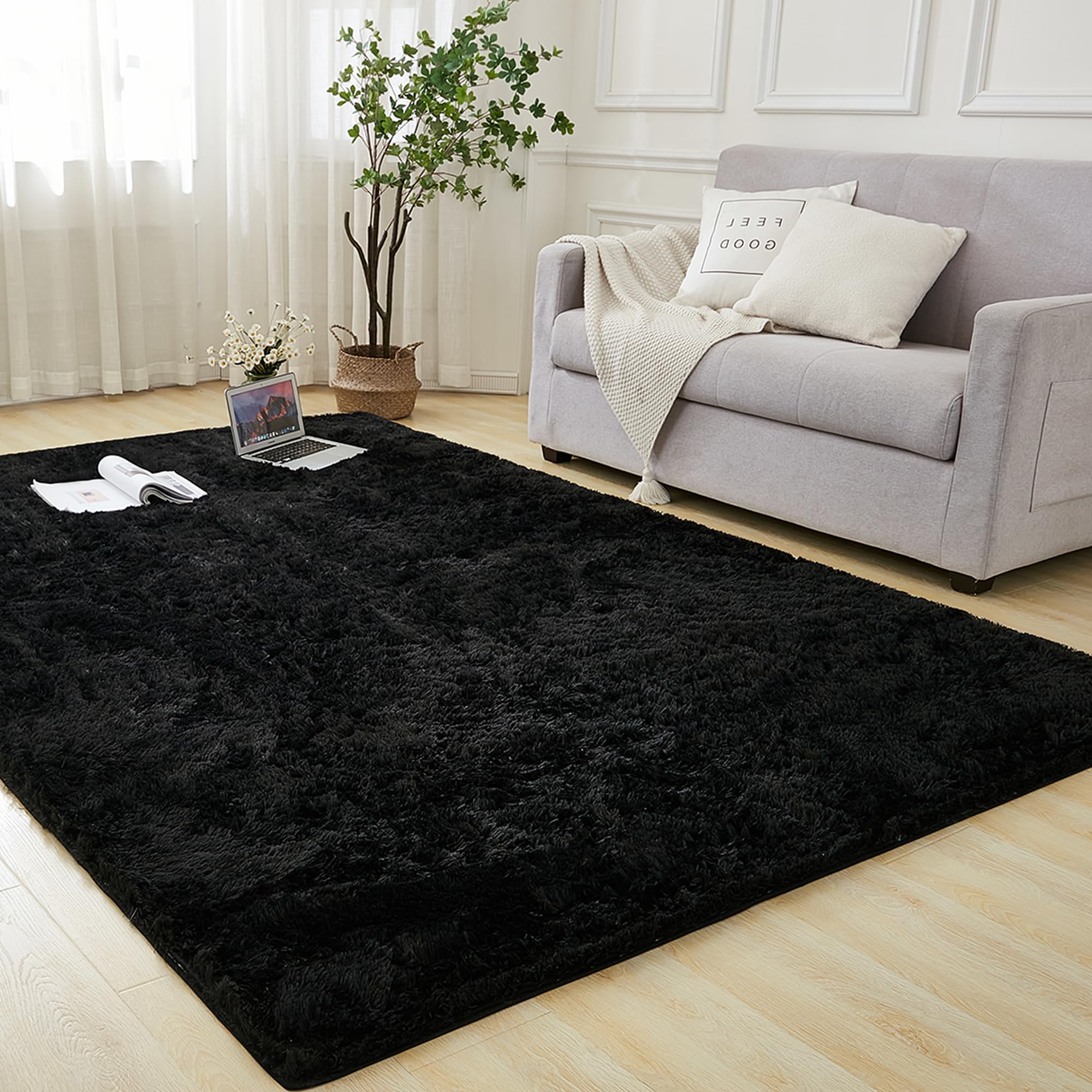 Andency 4x6 Black Shag Area Rug for Living Room, Faux Fur Fuzzy Plush Indoor Bedroom Rugs & Carpets, Non Skid Soft Fluffy Rug for Room